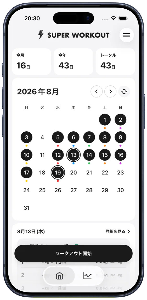 カレンダー画面:トレーニングした日が一目でわかる